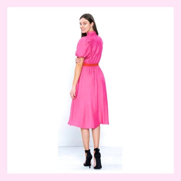 A. Calin HOT pink Puff Sleeve Textured A-Line Midi Dress sz S - Picture 4 of 12